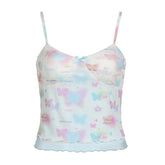 Bowknot butterfly print mesh ruffle cami top