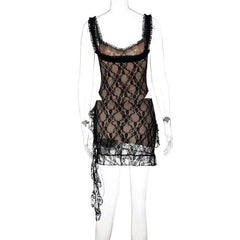 Lace ruffle ruched hollow out cami mini dress