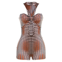 Crewneck polka dot print hollow out romper
