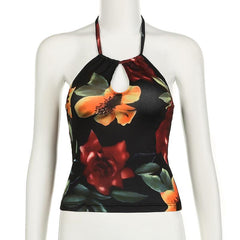 Halter drawstring ruched hollow out flower print top