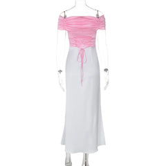 Short sleeve off shoulder ruched satin lace up midi dress