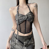 Halter sweetheart neck buckle corset mesh crop top