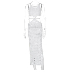 U neck knitted o ring see through tank midi dress