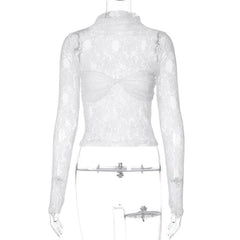 Long sleeve high neck lace see through ruched top