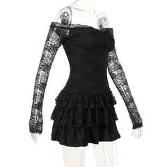 Long sleeve off shoulder lace ruffle mini dress