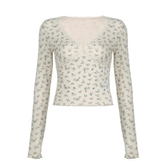 Flower print contrast long sleeve v neck lace hem top