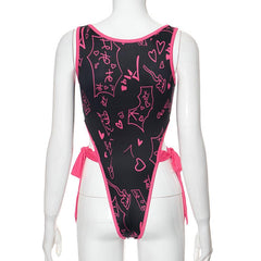 U neck print self tie hollow out tank bodysuit