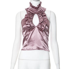 Halter ruffle ruched satin backless top