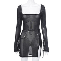 Sheer mesh see through square neck slit long sleeve mini dress | samba dress