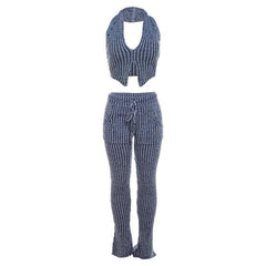 Textured striped contrast halter slit pocket v neck pant set
