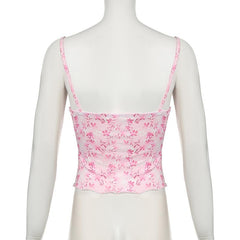 V neck bowknot lace hem ruffle print cami top