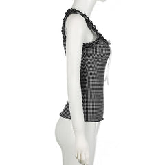 U neck plaid bowknot ruffle contrast ribbon tank top