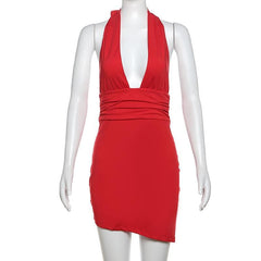 Halter deep v neck ruched backless mini dress | red tango dress