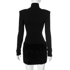 High neck long sleeve padded fluffy mini dress