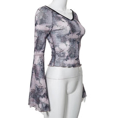 Long flared sleeve butterfly print sheer mesh top