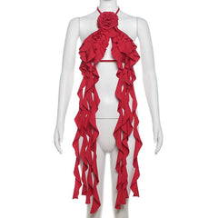 Halter flower applique ruffle backless top