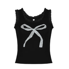 U neck lace hem bowknot pattern contrast tank top