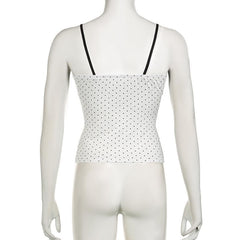 V neck lace hem polka dot button cami top