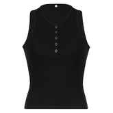 Button v neck ribbed solid sleeveless top
