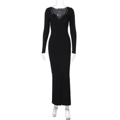 Long sleeve lace hem button maxi dress