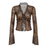 Leopard print long flared sleeve mesh ruffle self tie top