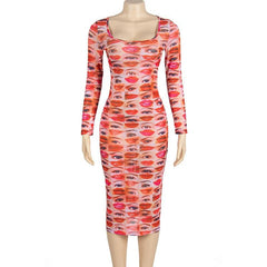 Long sleeve abstract u neck sheer mesh contrast midi dress | samba dress