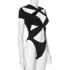 Short sleeve cross front hollow out solid bodysuit