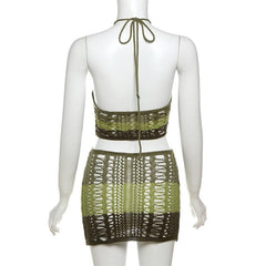 Self tie halter hollow out knitted lace up backless mini dress