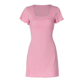 Short sleeve u neck ribbed knotted mini dress