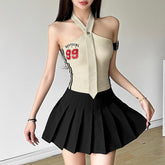 Halter button �9�pattern contrast backless crop top