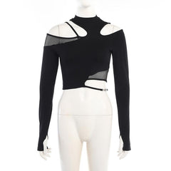 Fishnet patchwork off shoulder long sleeve gloves irregular top
