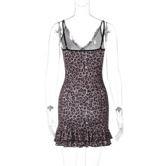 V neck leopard print lace hem ruffle cami mini dress