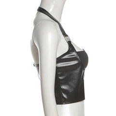 Halter PU leather buckle zip-up stitch solid top