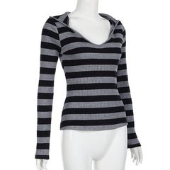 Hoodie v neck long sleeve striped knitted top