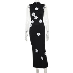 Sleeveless crewneck flower applique backless midi dress