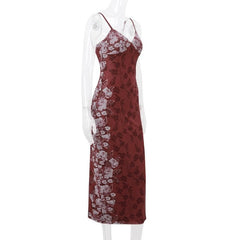 Flower print v neck backless mesh contrast cami midi dress | red tango dress