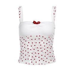 Bowknot ruched heart print mesh cami top