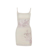 U neck beaded flower pattern mesh cami mini skirt set