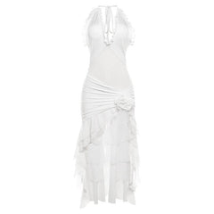 Halter ruffle ruched mesh flower applique maxi dress