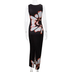 Crewneck hollow out print tank maxi dress