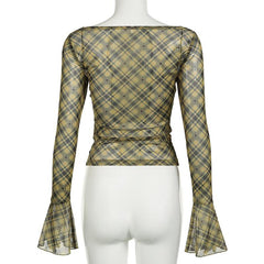 Long flared sleeve plaid print lace hem top