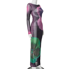 Long sleeve sheer mesh print crewneck maxi dress | samba dress