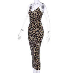 Leopard print contrast spaghetti strap u neck backless midi dress