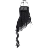Halter ruffle irregular ribbon sheer mesh mini dress | samba dress