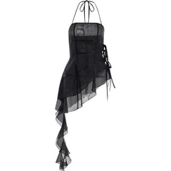 Halter ruffle irregular ribbon sheer mesh mini dress | samba dress