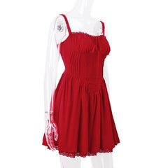 Lace hem drawstring ruched lace up cami mini dress | red tango dress