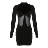 Long sleeve high neck velvet patchwork mesh mini dress