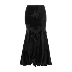 Velvet embroidery flower applique lace hem ruched maxi skirt