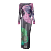 Long sleeve sheer mesh print crewneck maxi dress | samba dress