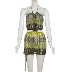 Self tie halter hollow out knitted lace up backless mini dress